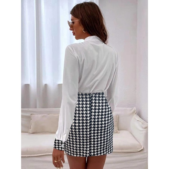 2 piece set: Tie Neck Top white long sleeve blouse & Houndstooth mini Skirt set - Picture 2 of 5